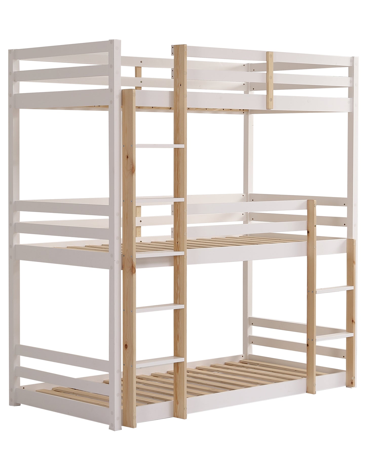 Becky White Wooden Triple Sleeper Bunk Bed Slats On Show From Front-Kidzzz Beds