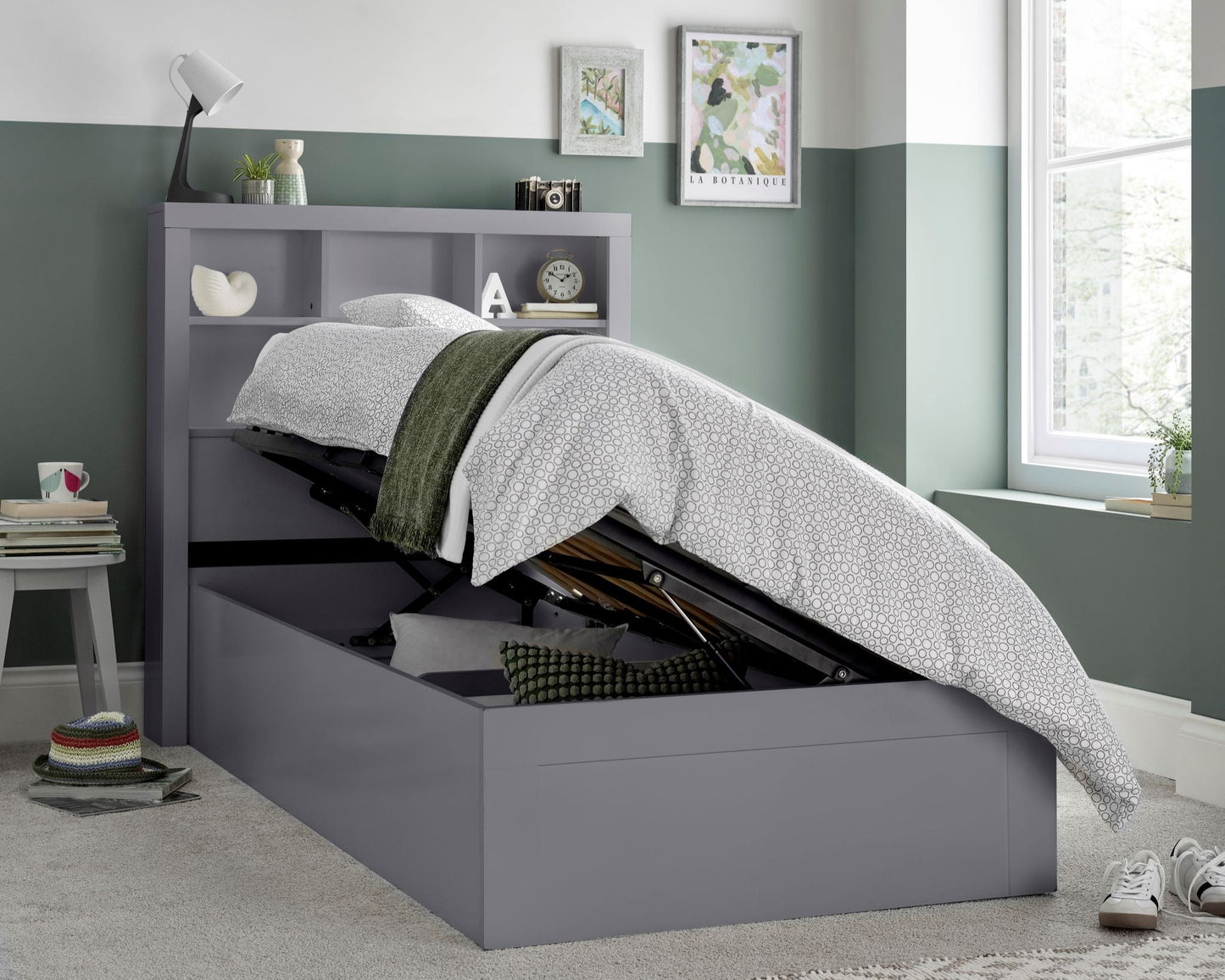 Bedmaster Oscar Ottoman Bed Grey Side Lift Open-Better Bed Company