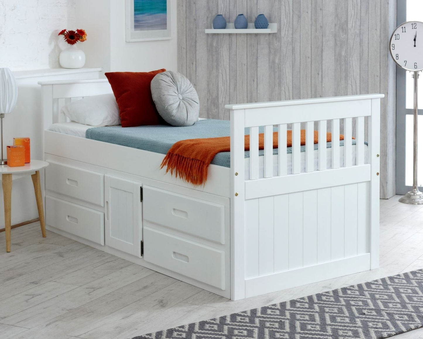Captains Single Wooden Bed With Storage Drawers And Cupboard-Kidzzz Beds