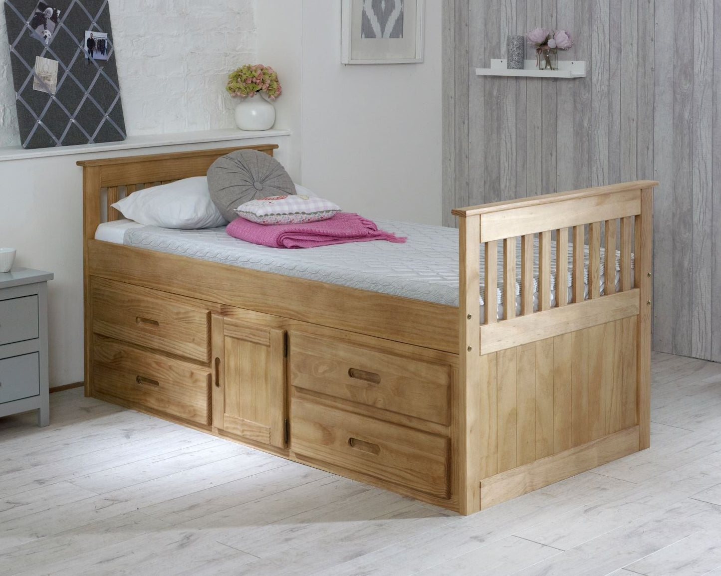 Captains Single Wooden Bed With Storage Drawers And Cupboard Wood-Kidzzz Beds
