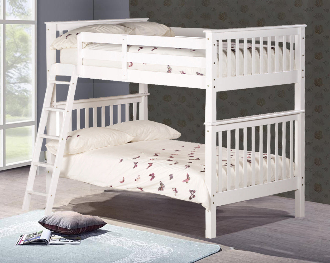 Alice Single White Wooden Bunk Bed Ladder On Left-Kidzzz Beds