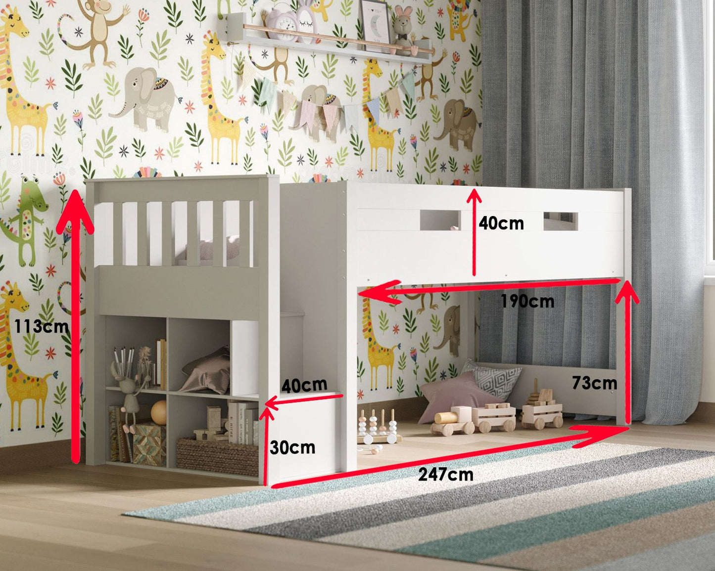 Kids Bunk Beds Daisy Wooden Mid Sleeper Set With Storage And Desk Dimensions-Better Bed Company