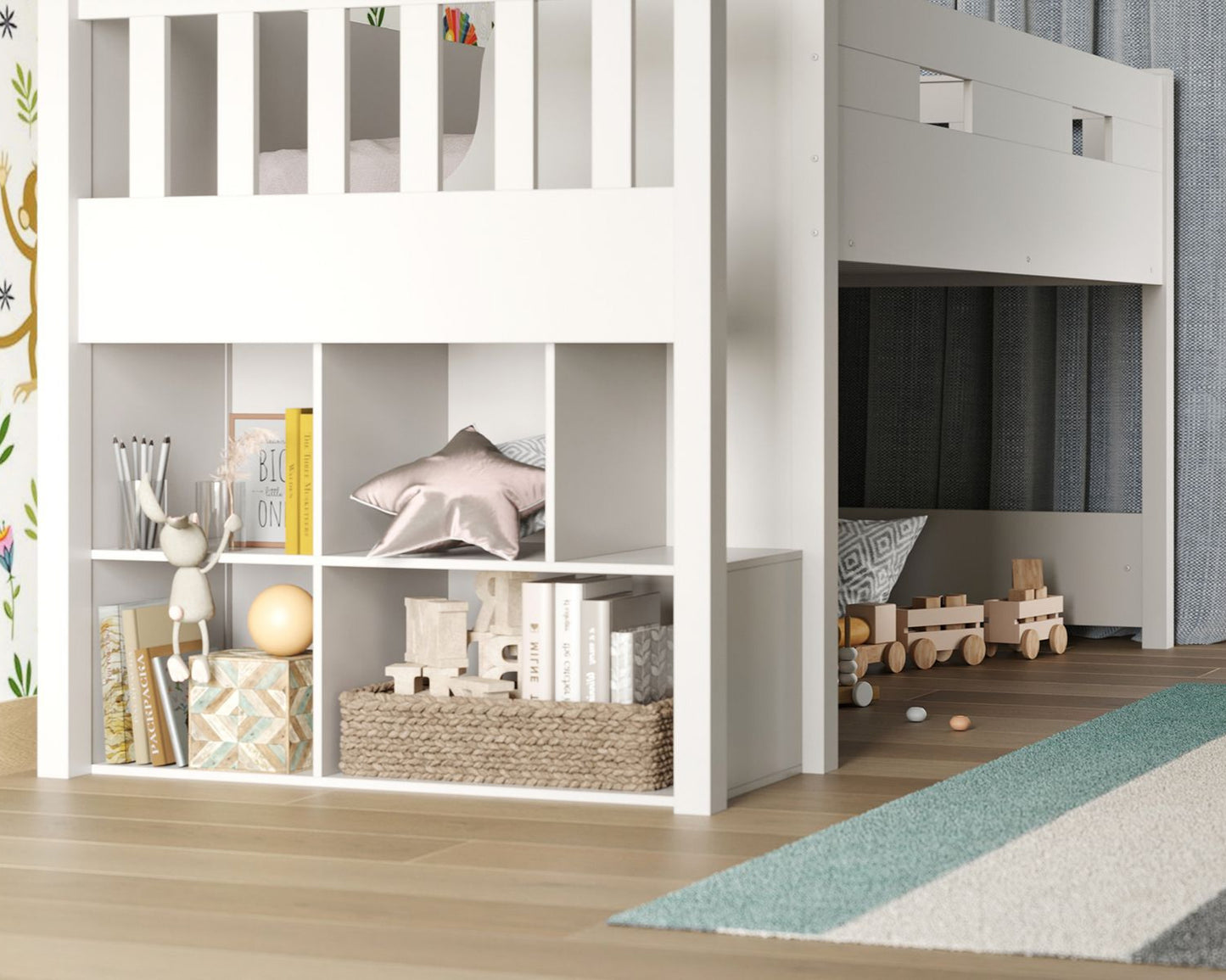 Kids Bunk Beds Daisy Wooden Mid Sleeper Set With Storage And Desk Inside Shelving-Better Bed Company