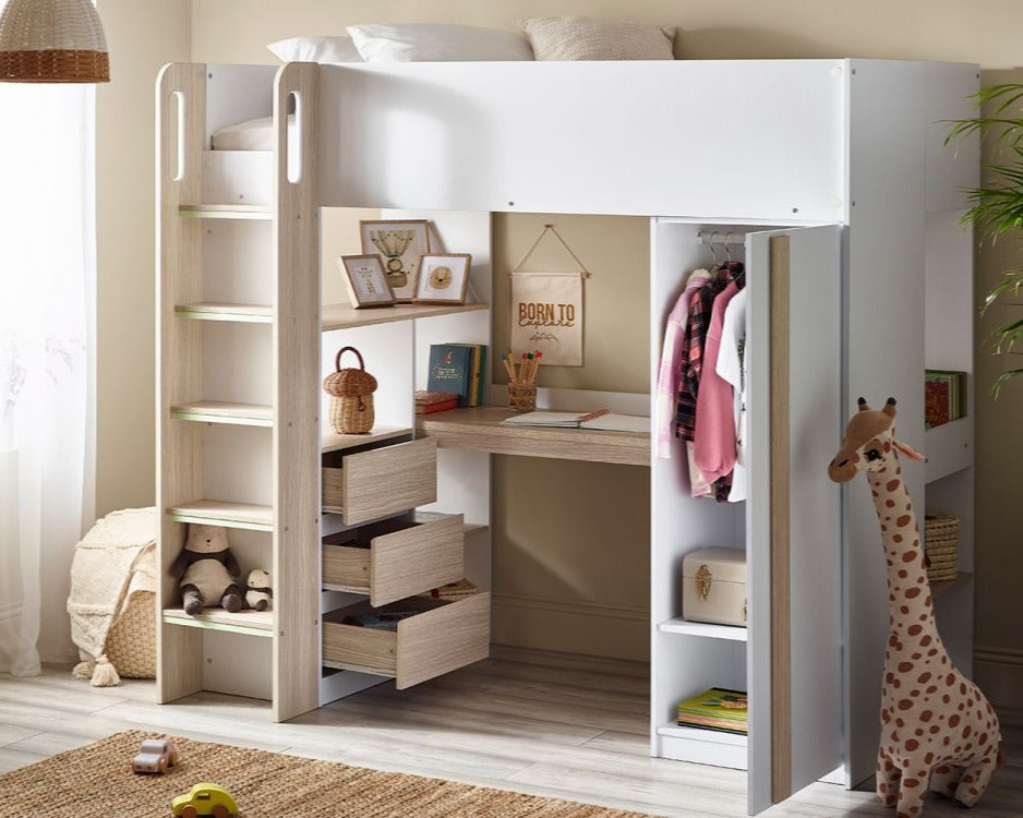 Julian Bowen Ocean Highsleeper - Pale Wood & White Drawers And Wardrobe Open-Better Bed Company