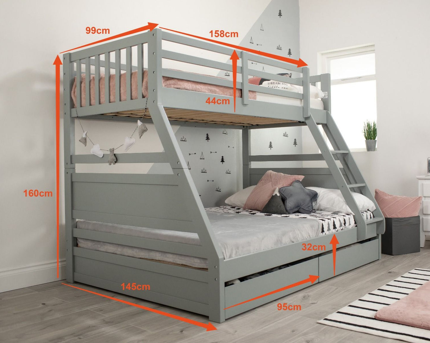 Simba Wooden Triple Bunk Bed Dimensions-Kidzzz Beds