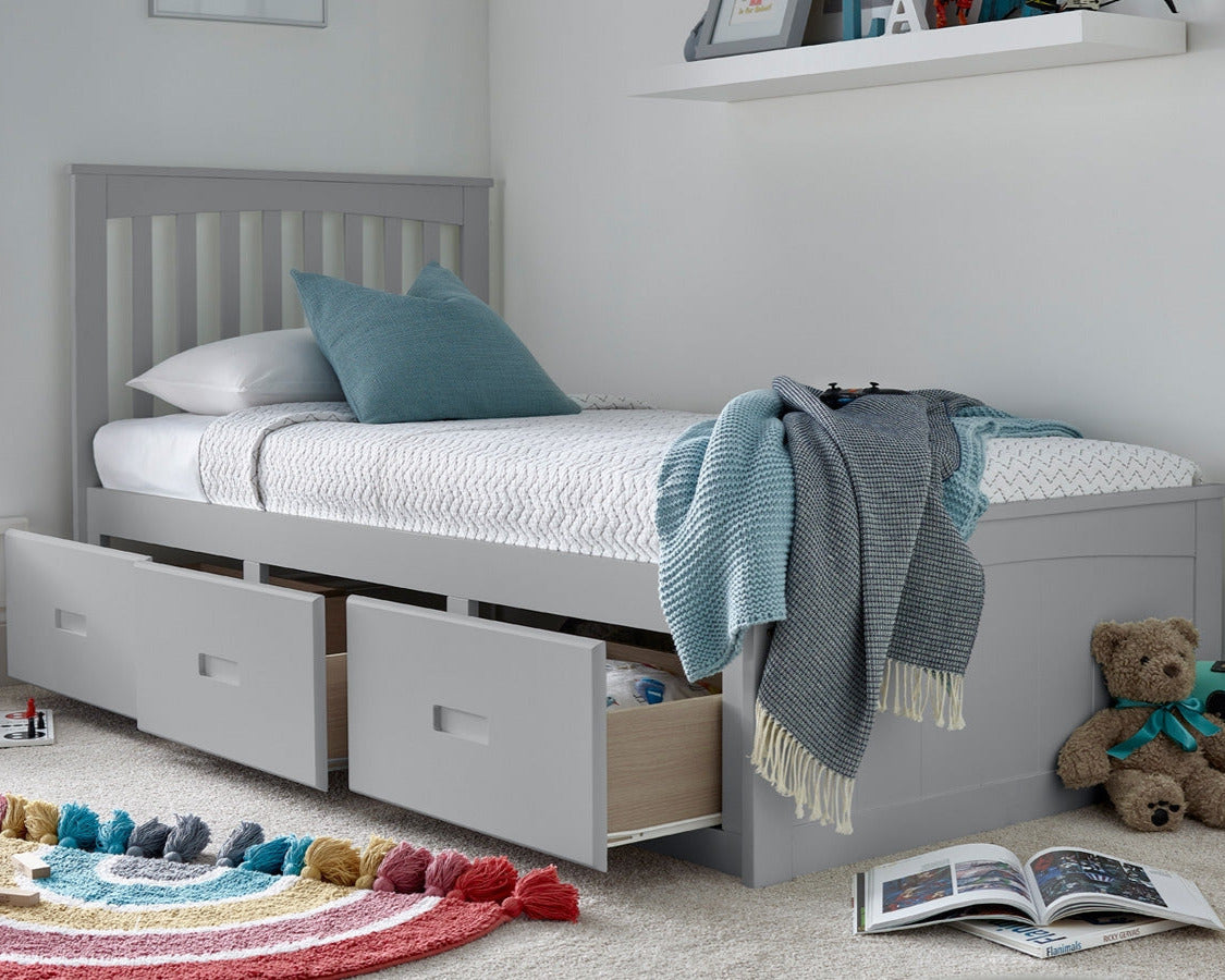Bedmaster Quest Wooden 3 Drawer Bed Grey With Drawers Open-Better Bed Company