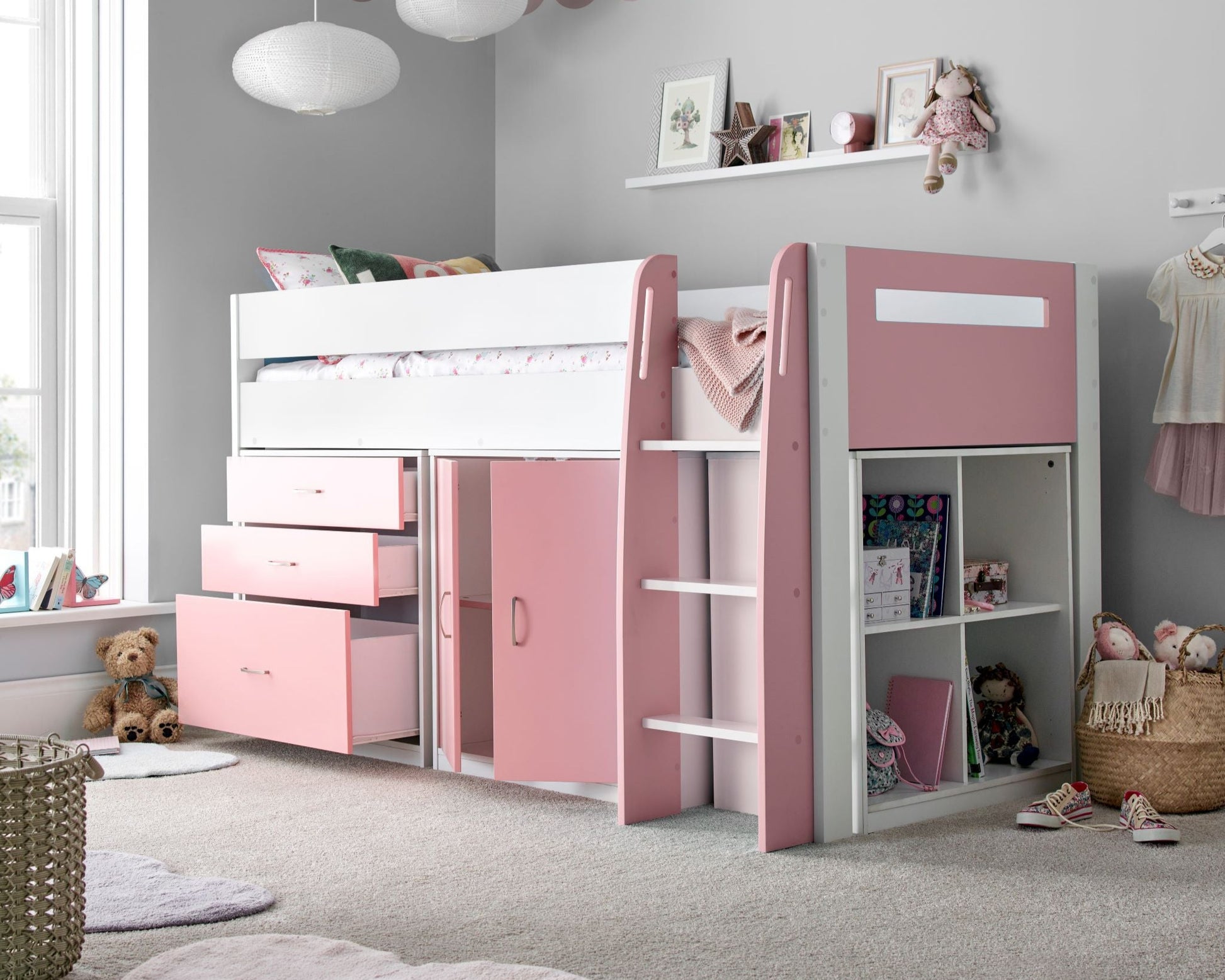 Bedmaster Lacy Midsleeper Bed Pink Drawers Open-Better Bed Company