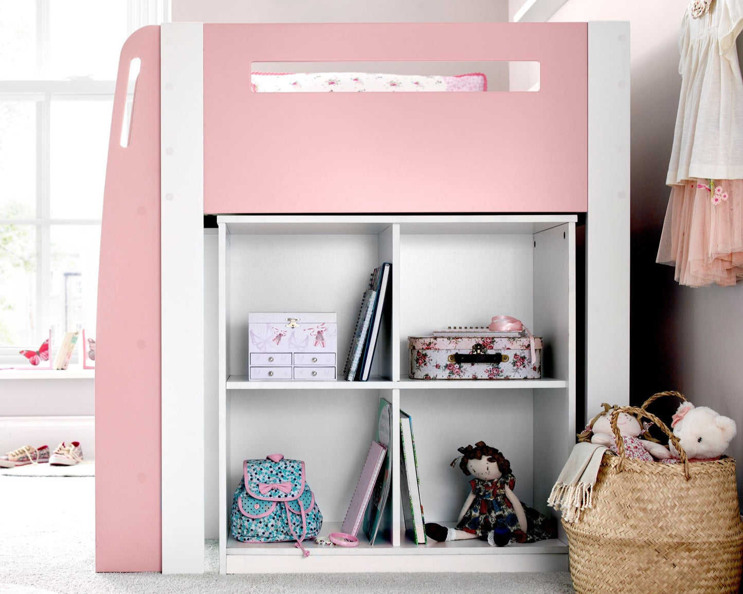 Bedmaster Lacy Midsleeper Bed Pink Shelving-Better Bed Company