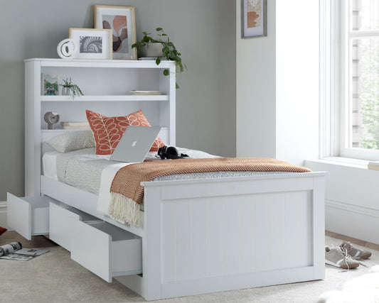 Bedmaster Enzo White Wooden 3 Drawer Storage Bed From Front Drawers Open-Better Bed Company