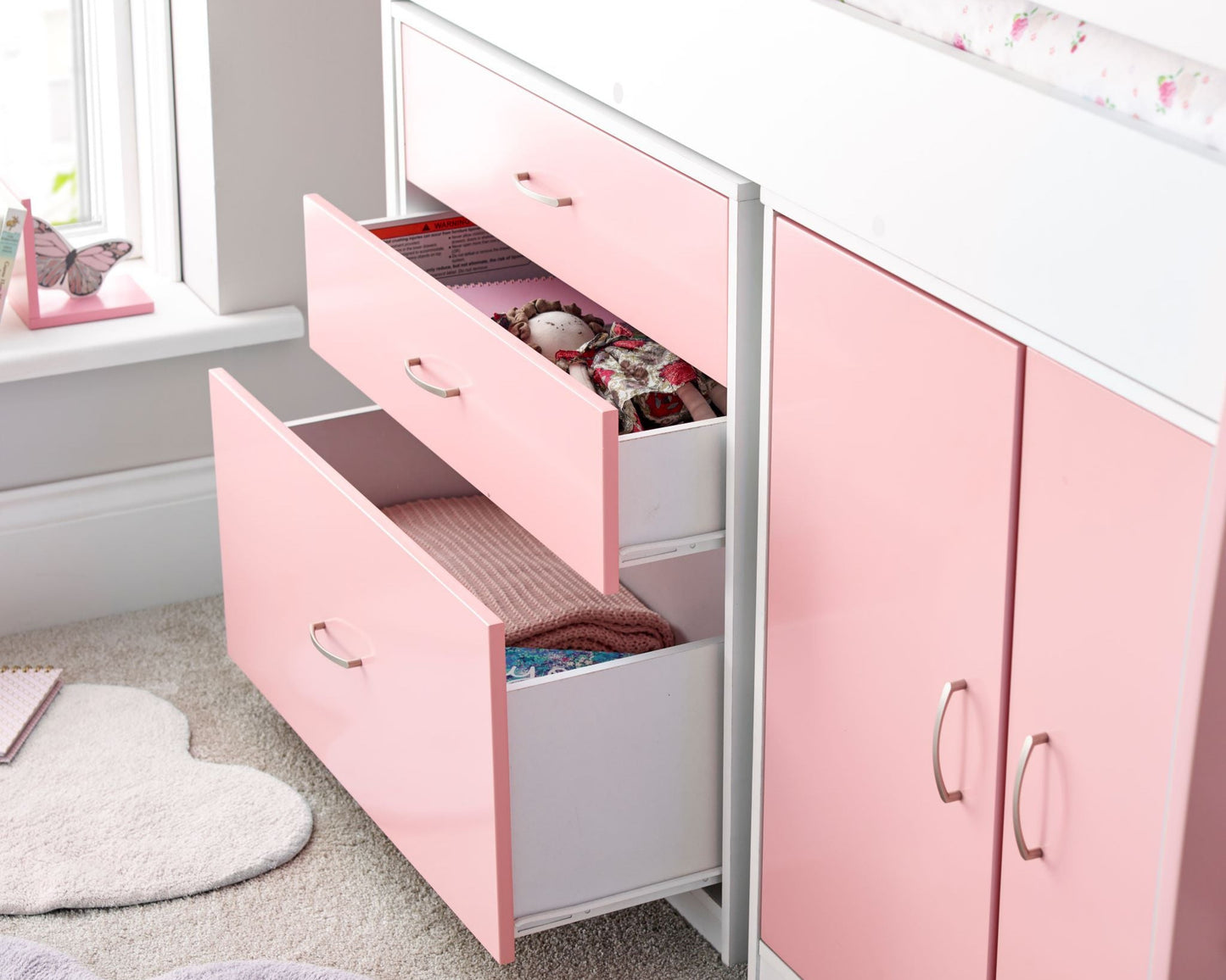 Bedmaster Lacy Midsleeper Bed Pink Drawers Open-Better Bed Company