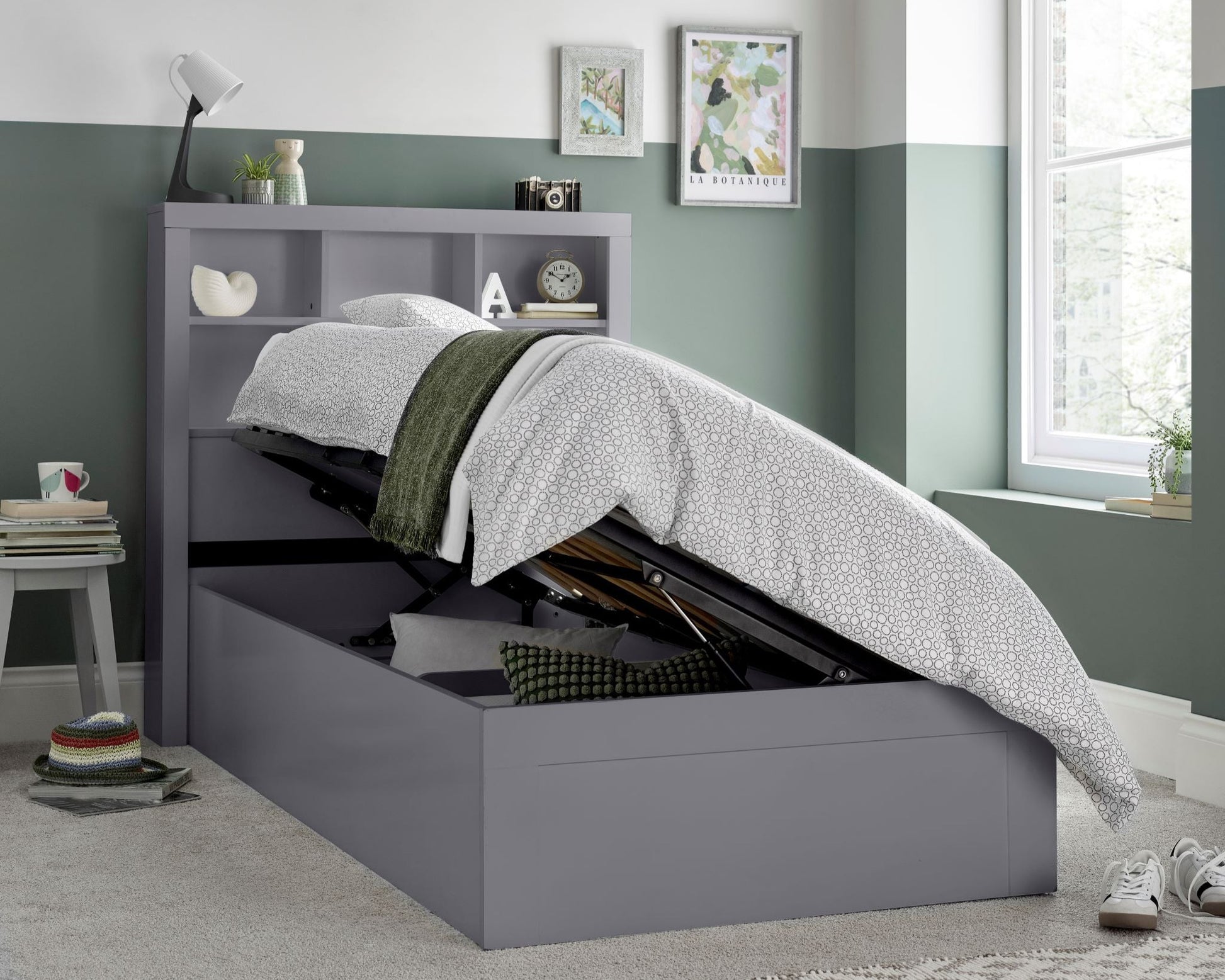 Bedmaster Oscar Ottoman Bed Grey Side Lift Open-Better Bed Company