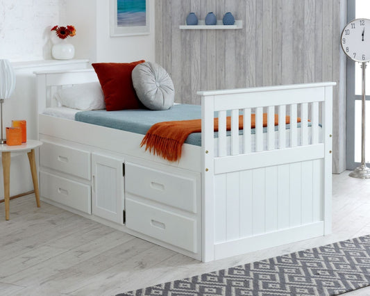 Captains Single Wooden Bed With Storage Drawers And Cupboard-Kidzzz Beds
