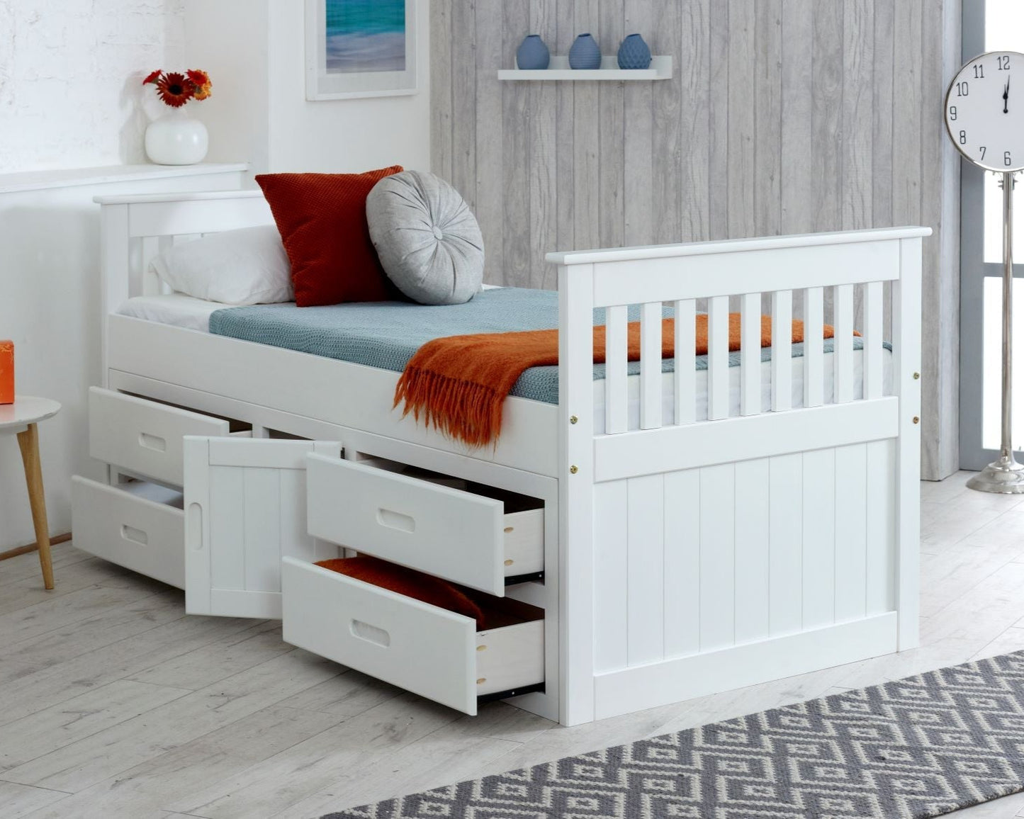 Captains Single Wooden Bed With Storage Drawers And Cupboard White Drawers Open-Kidzzz Beds