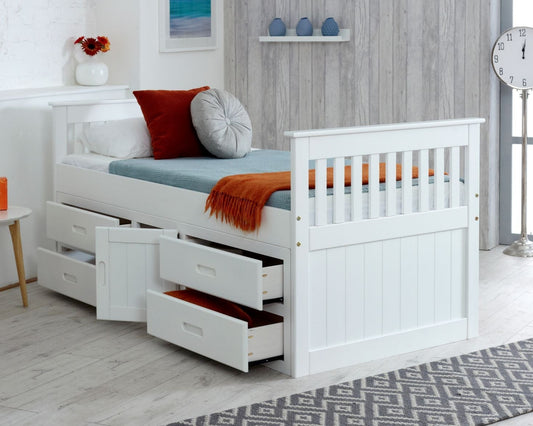 Captains Single Wooden Bed With Storage Drawers And Cupboard White Drawers Open-Kidzzz Beds