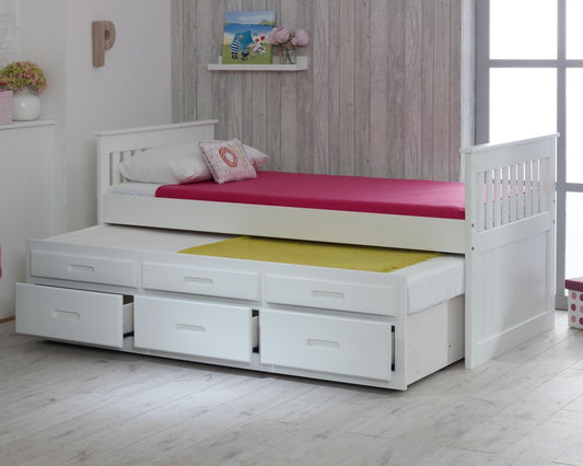 Captains Single Wooden Bed With Underbed And Storage Drawers White With Drawers Out-Kidzzz Beds