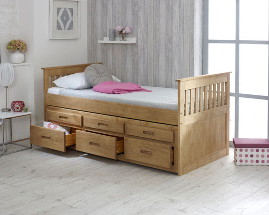 Captains Single Wooden Bed With Underbed And Storage Drawers Wood With Drawers Out-Kidzzz Beds