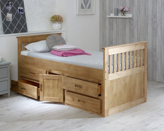 Captains Single Wooden Bed With Storage Drawers And Cupboard Wood Storage Open-Kidzzz Beds