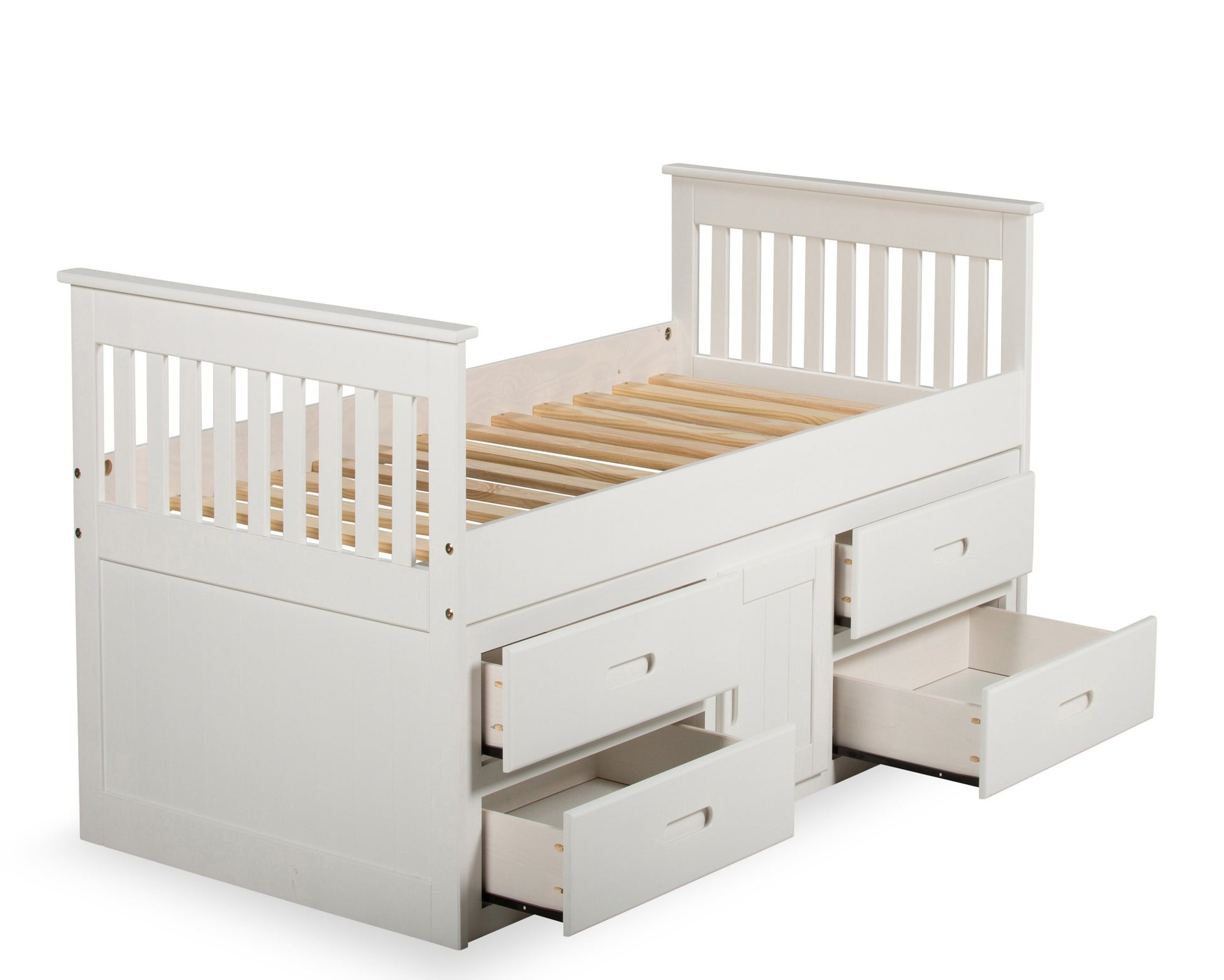 Captains Single Wooden Bed With Storage Drawers And Cupboard White From Side-Kidzzz Beds