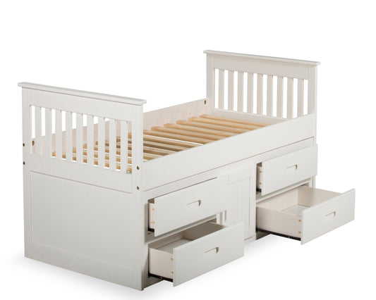 Captains Single Wooden Bed With Storage Drawers And Cupboard White From Side-Kidzzz Beds
