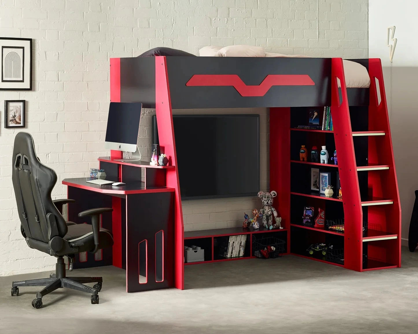 Julian Bowen Eagle Single Wooden Storage Gaming High Sleeper With Desk With Chair-Kidzzz Beds