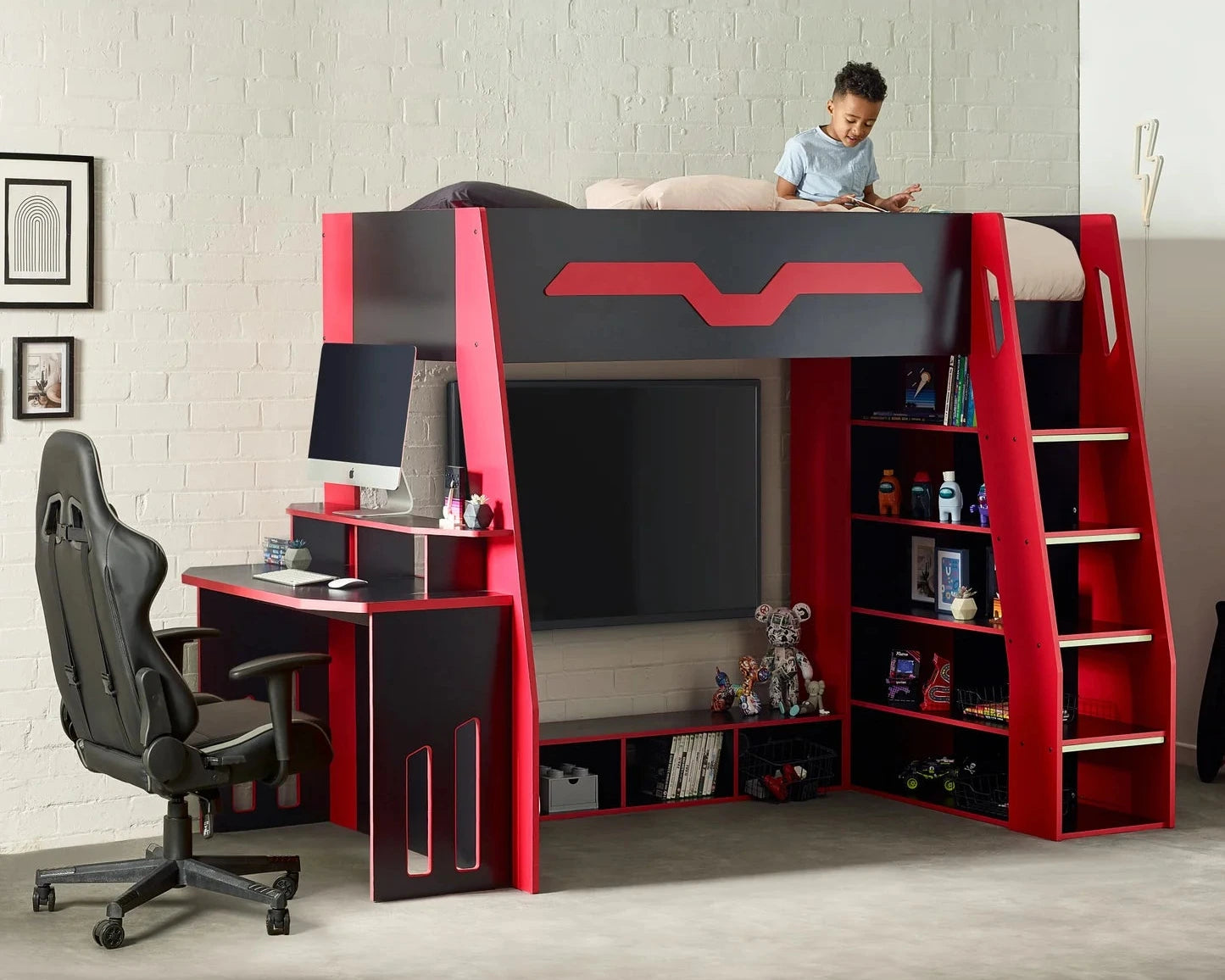 Julian Bowen Eagle Single Wooden Storage Gaming High Sleeper With Desk-Kidzzz Beds