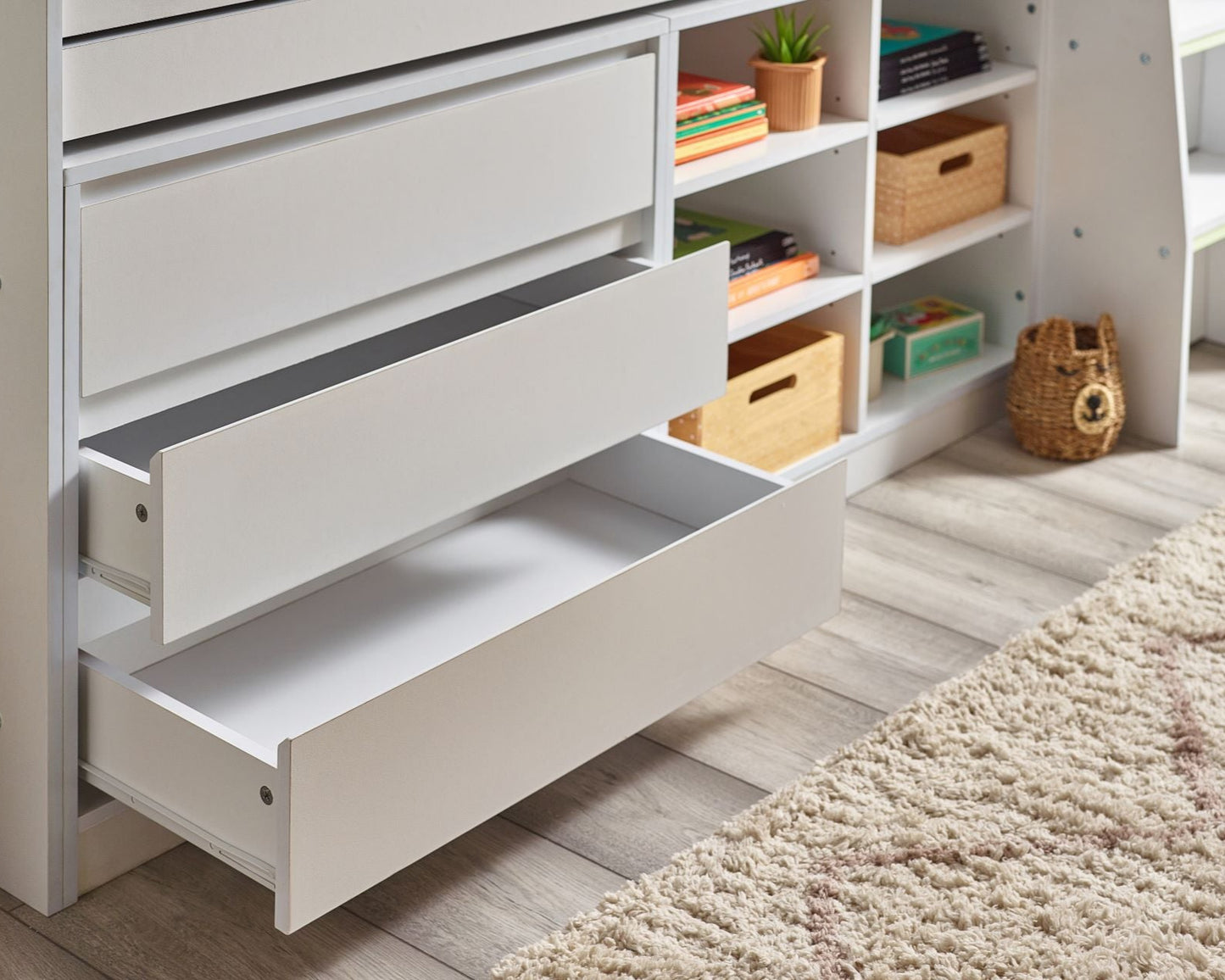 Julian Bowen Vespa White Wooden Single Midsleeper With Desk Drawers-Kidzzz Beds