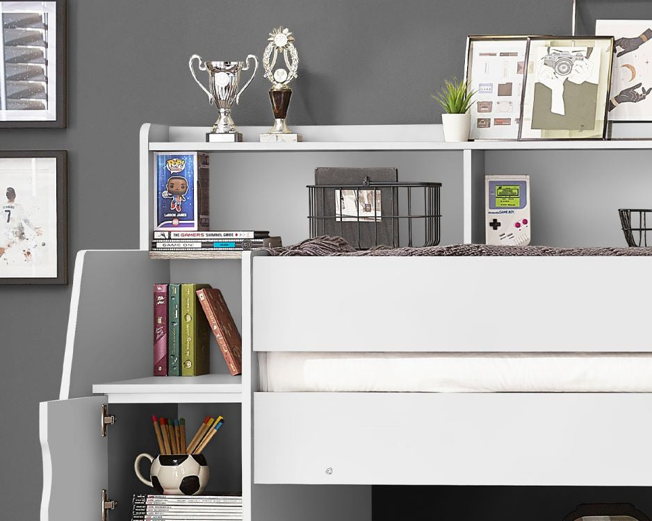 Julian Bowen Camelot Staircase Bunk - White doors and shelving up close-Better Bed Company
