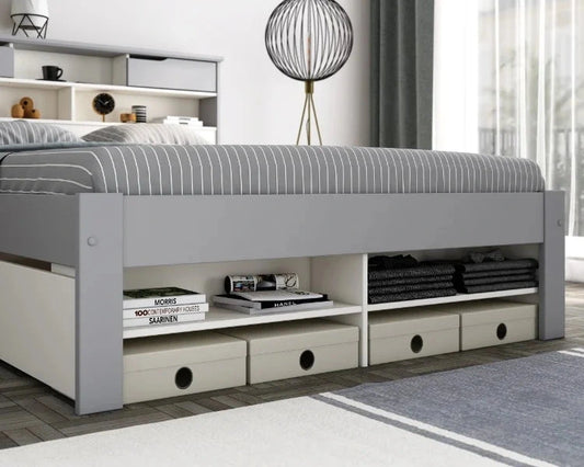 Bedmaster Fabio Wooden Storage Bookcase Bed Frame Grey With Storage Footboard-Kidzzz Beds