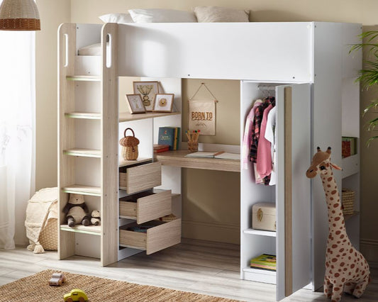 Julian Bowen Ocean Highsleeper - Pale Wood & White Drawers And Wardrobe Open-Better Bed Company