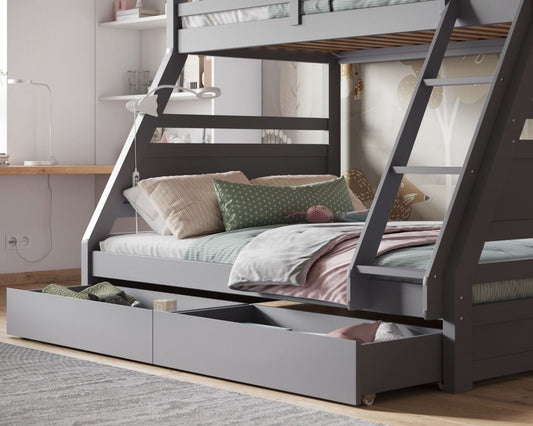 Simba Wooden Triple Bunk Bed Grey Drawers Open-Kidzzz Beds