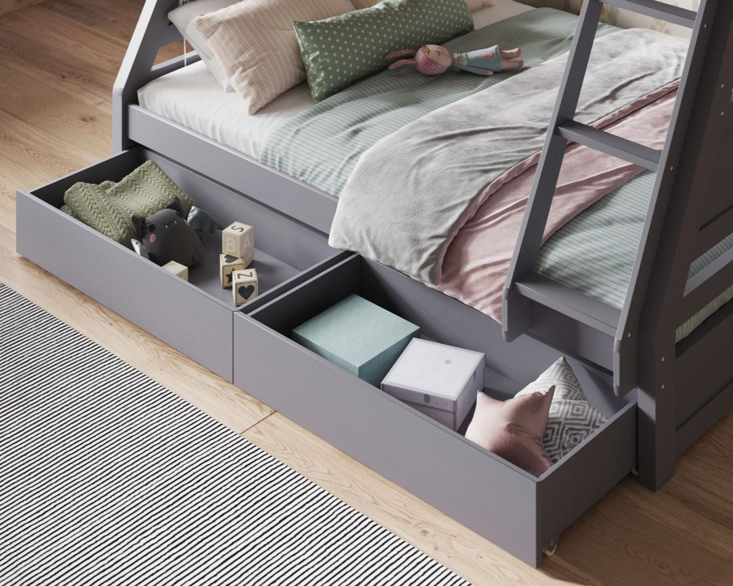 Simba Wooden Triple Bunk Bed Grey Drawers-Kidzzz Beds
