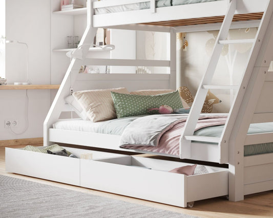 Simba Wooden Triple Bunk Bed White Drawers Open-Kidzzz Beds