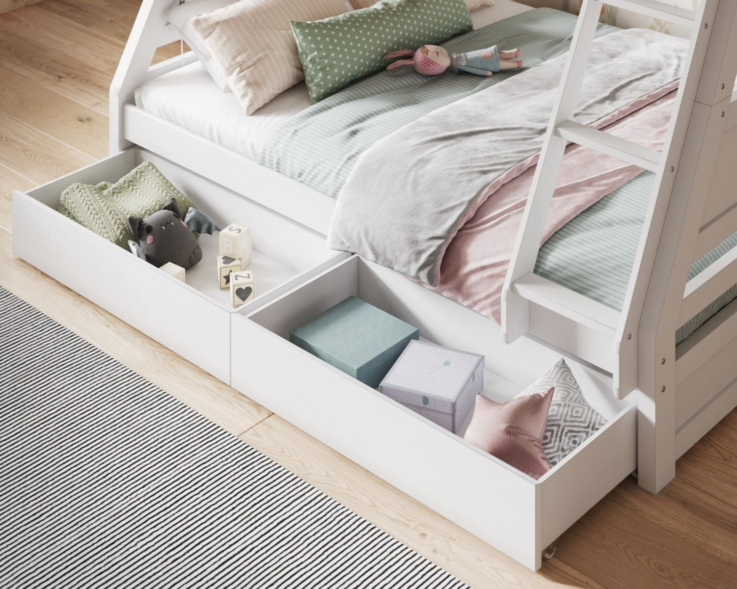 Simba Wooden Triple Bunk Bed White Drawers-kidzzz Beds