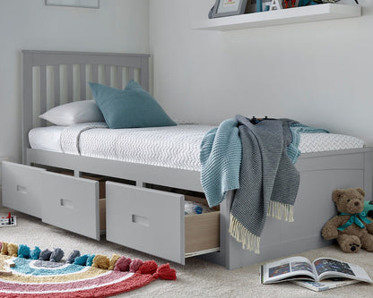 Bedmaster Quest Wooden 3 Drawer Bed Grey With Drawers Open-Better Bed Company