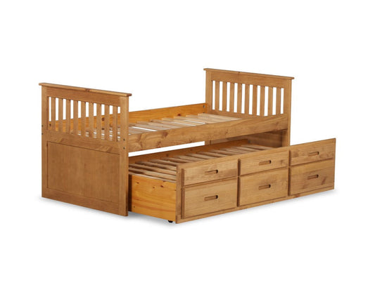 Captains Single Wooden Bed With Underbed And Storage Drawers Slats On Show-Kidzzz Beds